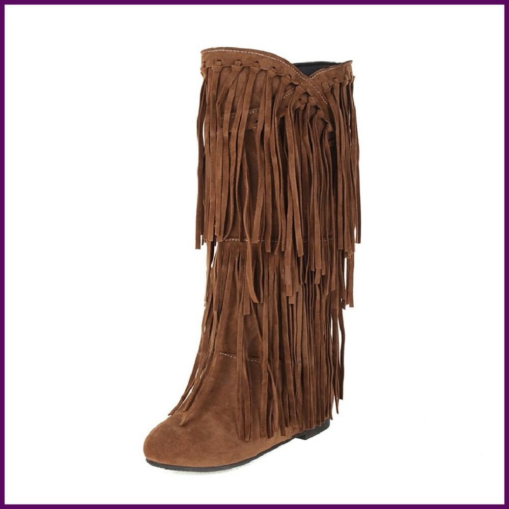 Knee-High Western Boots with Fringe Tassels, Hidden Heel, Man-Made Material